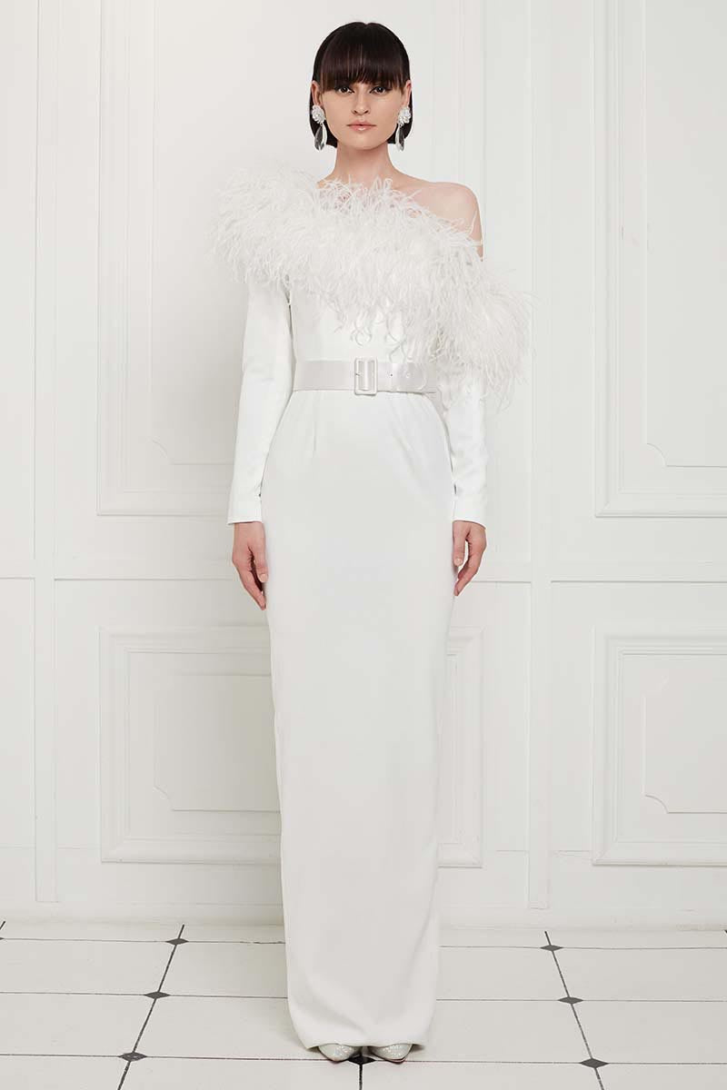 white ostrich feather cocktail dress Embroidered ostrich feather and lace corseted silk organza cocktail dress. Paired with embroidered lace tulle opera gloves. Paired with Pearl Ostrich Feather Slingbacks. Pearl White Ostrich leather with pearl stud details and