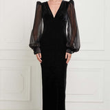 Silk Velvet Full Length Gown with Puffed Silk Chiffon Sleeves in Black