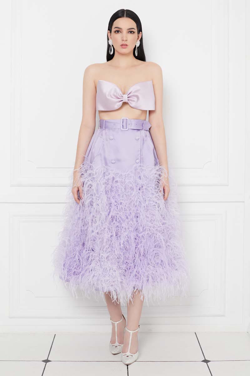 Ostrich Feather Embellished Silk Gazar Skirt in Lilac IVAN YOUNG