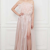 Pleated Maxi Skirt With Side Slit in Pink