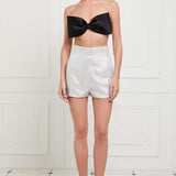 Big Bow Silk Satin Strapless Bandeau Top in Black