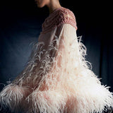 Ostrich Feather Embellished Pearl Mini Tent Dress in Blush Pink