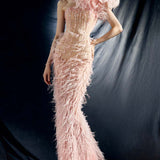 Ostrich Feather Embellished Mesh Dress in Blush Pink