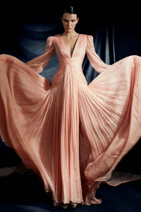 Plunging Neckline Draped Bodice Double Front Slit Silk Chiffon Dress in Blush Pink