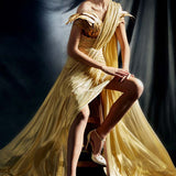 Feather Embellished Draped Bodice Front Double Slit Gold Line Silk Chiffon Dress in Gold