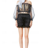 Silk Satin High Waisted Lace Shorts in Black