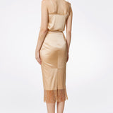 Crystal Tassels Silk Satin Pencil Skirt in Champagne