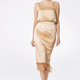 Crystal Tassels Silk Satin Pencil Skirt in Champagne