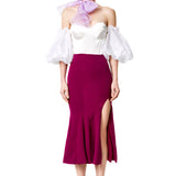 Silk Puffy Sleeves Strapless Bustier Top in White