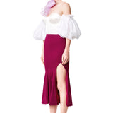 Silk Puffy Sleeves Strapless Bustier Top in White
