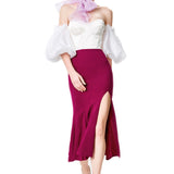 Silk Puffy Sleeves Strapless Bustier Top in White