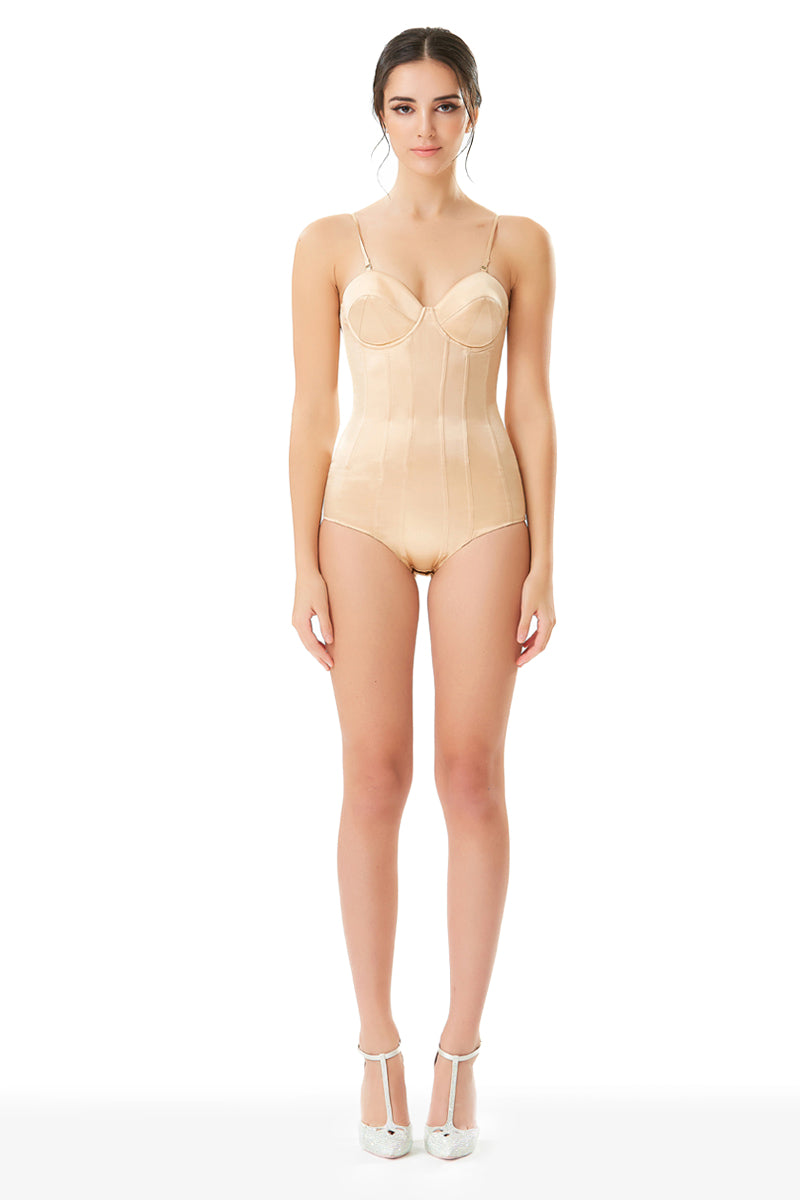 nya satin corset dress in champagne Sarah Champagne Corset Formal Maxi Dress - US 0