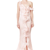 Silk Gazar Asymmetrical Off Shoulder Ruffles Gown in Pink
