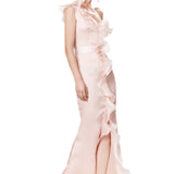Silk Gazar Asymmetrical Off Shoulder Ruffles Gown in Pink
