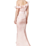 Silk Gazar Asymmetrical Off Shoulder Ruffles Gown in Pink