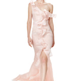 Silk Gazar Asymmetrical Off Shoulder Ruffles Gown in Pink