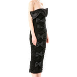 Silk Gazar Ribbon Embellished Draped Tulle Strapless Dress in Black