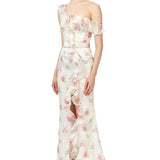 Rose Print Silk Gazar Asymmetrical Side Slit Dress
