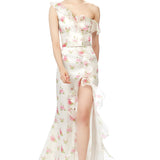 Rose Print Silk Gazar Asymmetrical Side Slit Dress