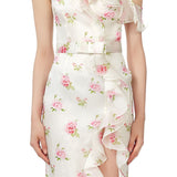 Rose Print Silk Gazar Asymmetrical Side Slit Dress