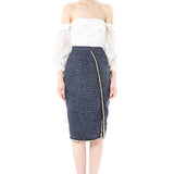 Italian Tweed High Waisted Side Slit Skirt in Blue