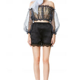 Silk Organza Elastic Band Off Shoulder Crop Top in Black