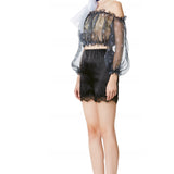 Silk Organza Elastic Band Off Shoulder Crop Top in Black