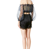 Silk Organza Elastic Band Off Shoulder Crop Top in Black