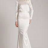 Silk Satin Trumpet Skirt with Train in White