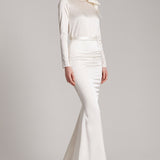 Silk Satin Trumpet Skirt with Train in White