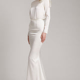 Silk Satin Trumpet Skirt with Train in White