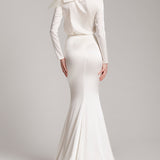 Silk Satin Trumpet Skirt with Train in White