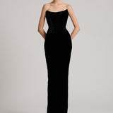 Scoop Neckline Silk Velvet Gown In Black