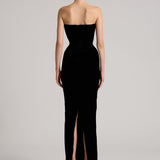 Scoop Neckline Silk Velvet Gown In Black