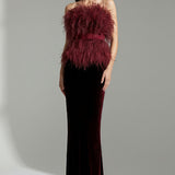 Ostrich Feather Embellished Strapless Peplum Top in Rosewood