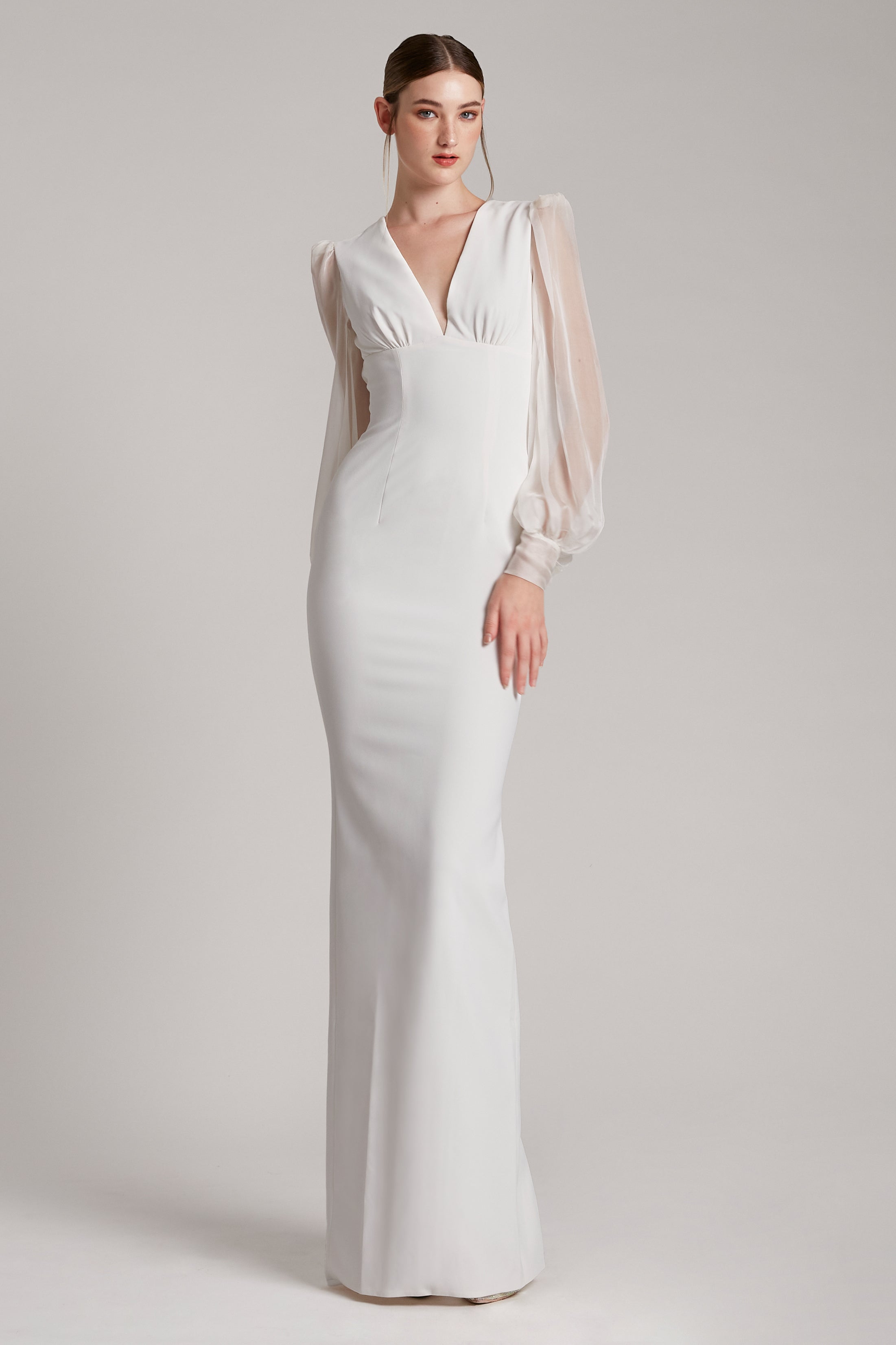 Full Length V-neckline Gown with Puffed Silk Chiffon Sleeves in Fuchsia