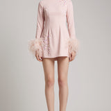 Feather Cuff Embellished Mini Dress in Blush Pink