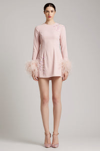 Feather Cuff Embellished Mini Dress in Blush Pink