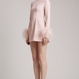 Feather Cuff Embellished Mini Dress in Blush Pink