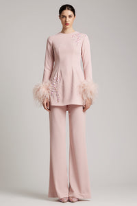 High Waisted Flare Leg Trousers in Blush Pink
