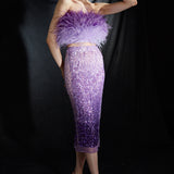 Embroidered Mesh Midi Skirt with Crystal Fringe in Gradient Amethyst Purple