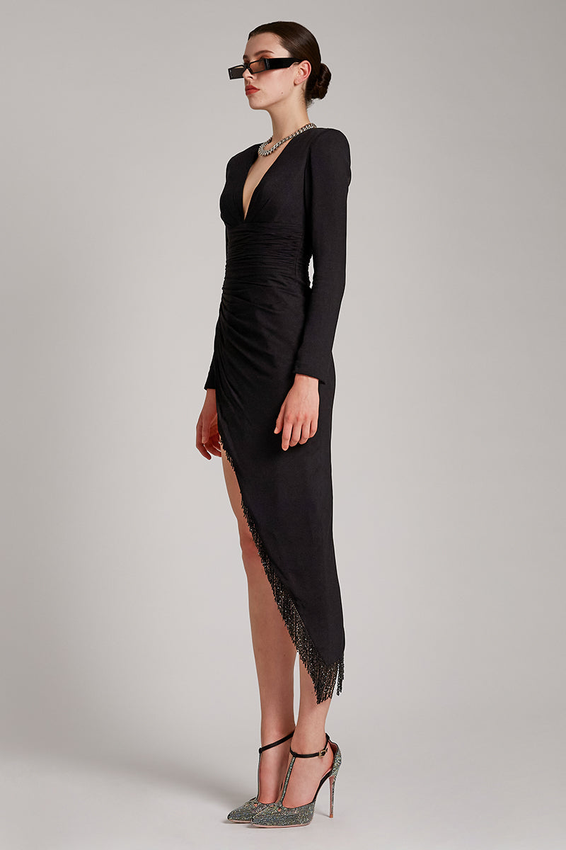 Black Crystal Fringe V-neck Asymmetric Long Sleeve Dress