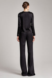 Silk Satin Button and Bow Embellished Blouse with Long Sleeves in Black