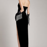 Crystal-Beaded Black Velvet Strapless Corset Dress with Front Slit