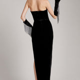 Crystal-Beaded Black Velvet Strapless Corset Dress with Front Slit