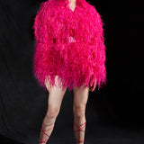 Ostrich Feather Embellished Double Breasted Coat in Raspberry Red with Logo Belt