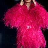 Ostrich Feather Embellished Double Breasted Coat in Raspberry Red with Logo Belt