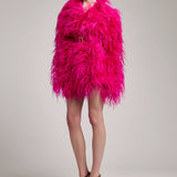 Ostrich Feather Embellished Double Breasted Coat in Raspberry Red with Logo Belt