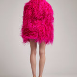 Ostrich Feather Embellished Double Breasted Coat in Raspberry Red with Logo Belt