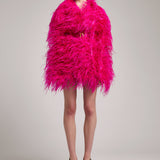 Ostrich Feather Embellished Double Breasted Coat in Raspberry Red with Logo Belt